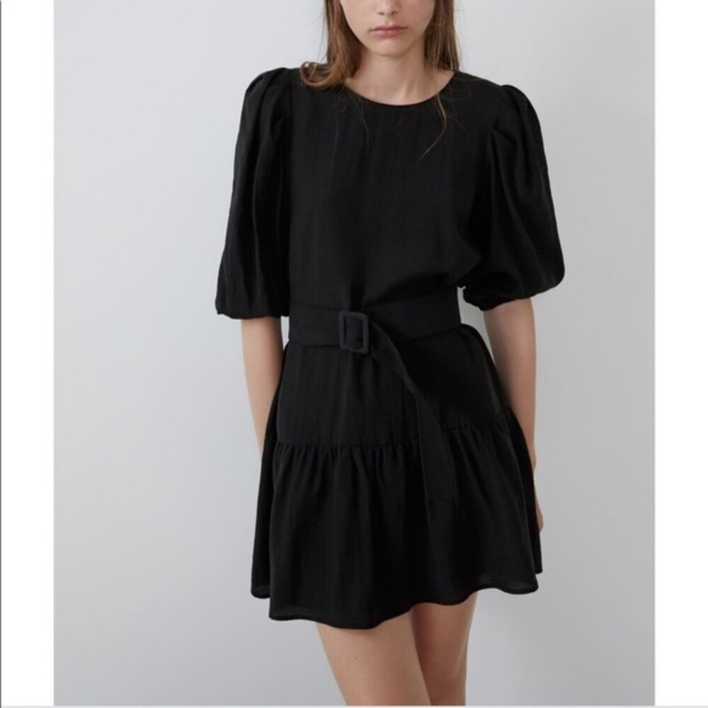ZARA Puff Sleeve Belted Black Mini Dress